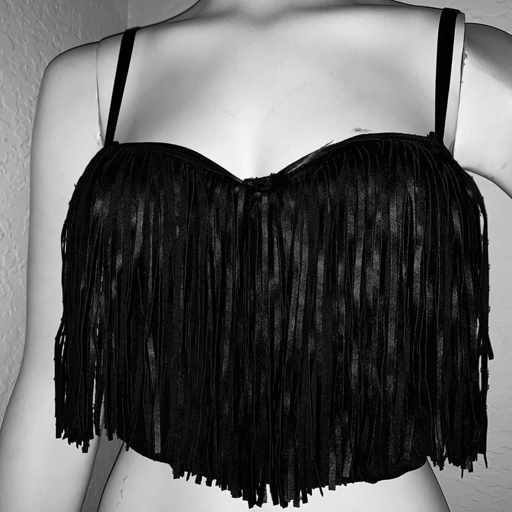 Frayed faux leather halter corset bra